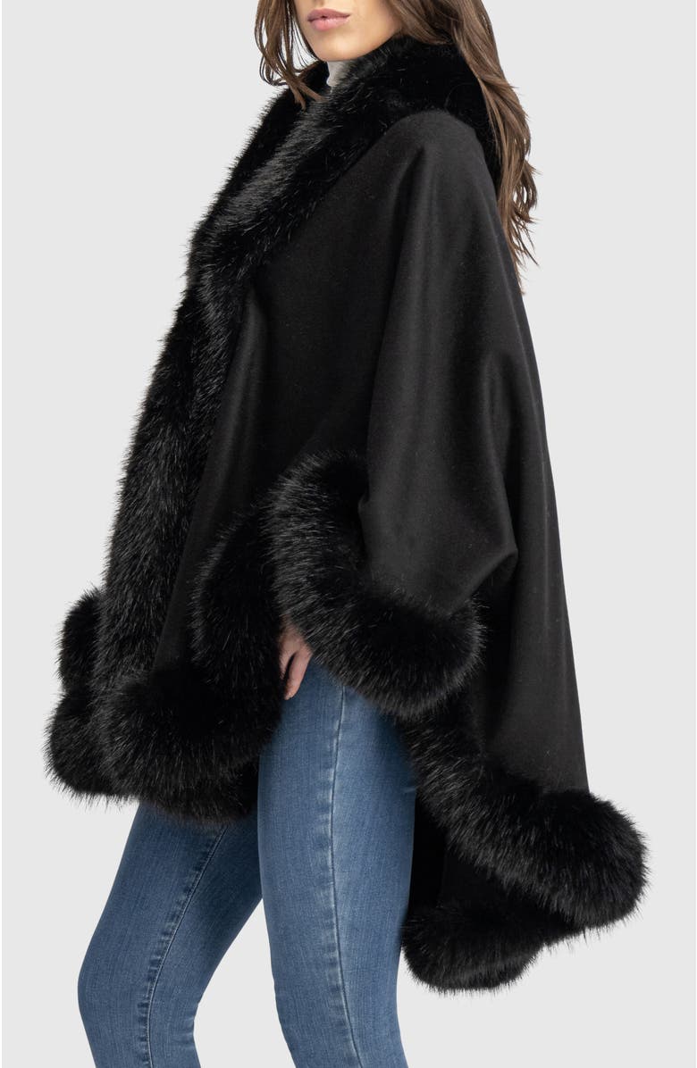Lyla Grant Cashmere & Wool Blend Cape With Fur-Free Fox (Faux Fur) Trim, Alternate, color, Black
