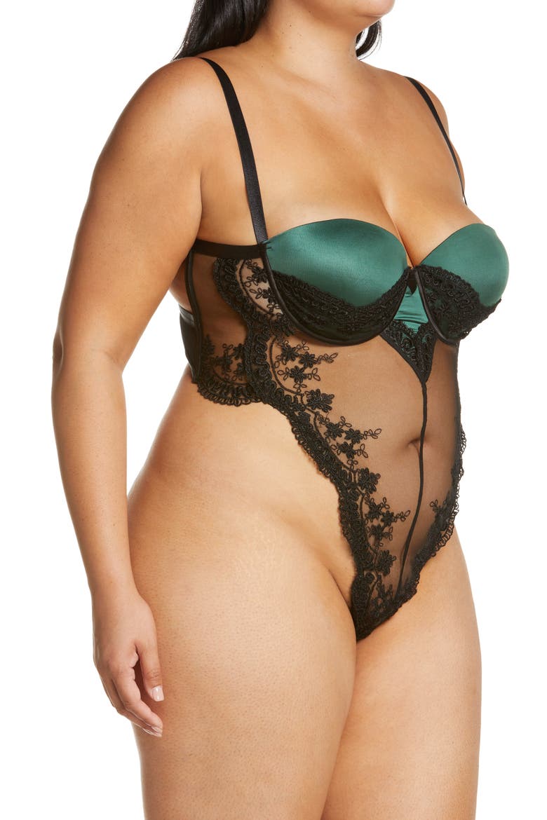 Paulette Lace Trim Satin Thong Bodysuit, Alternate, color, DARK GREEN/ BLACK