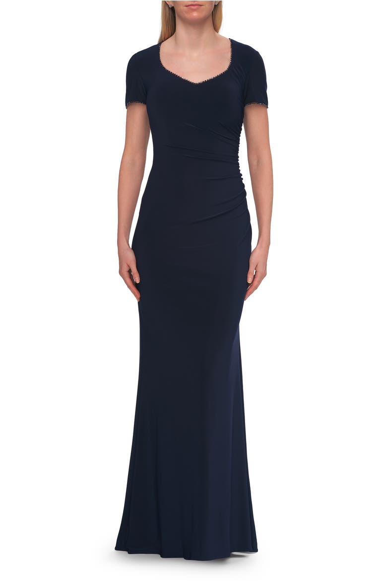Short Sleeve Jersey Gown with Sweetheart Neckline and Ruching, Main, color, Navy