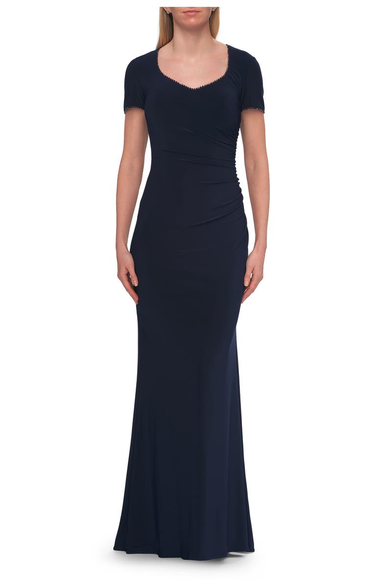 La Femme Short Sleeve Jersey Gown with Sweetheart Neckline, Main, color, Navy
