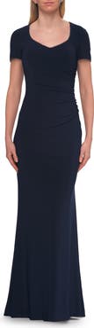 La Femme Short Sleeve Jersey Gown with Sweetheart Neckline