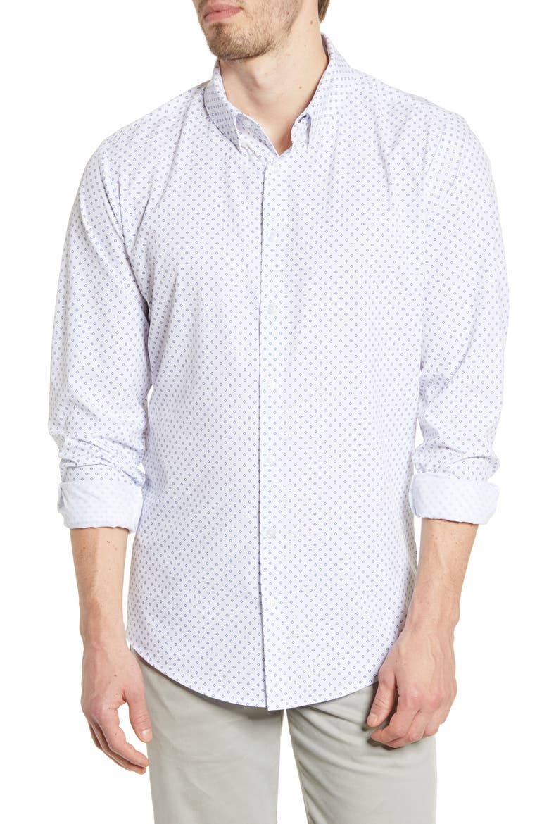 Leeward Trim Fit Button-Up Performance Shirt, Main, color, NAVY DIAMOND PRINT
