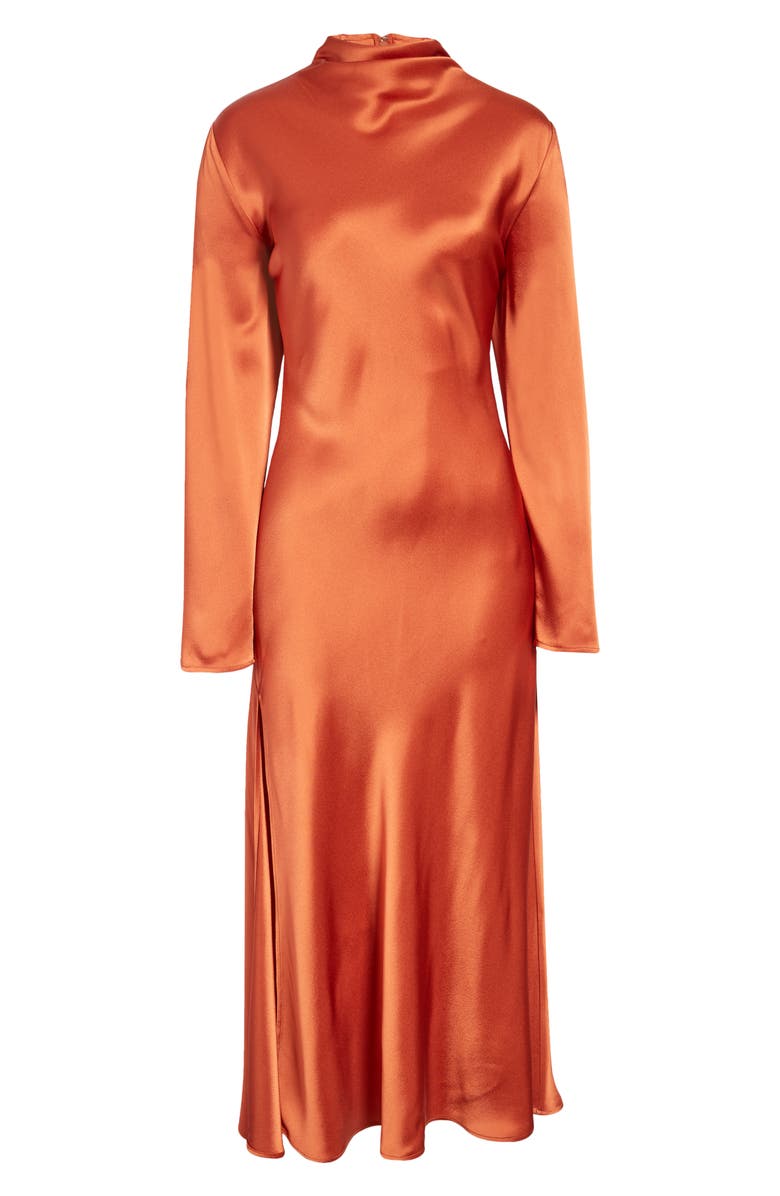 LAPOINTE Funnel Neck Long Sleeve Bias Cut Satin Dress, Alternate, color, 
