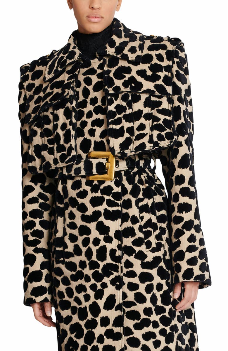 Balmain Leopard Print Jacquard Belted Trench, Alternate, color, Black