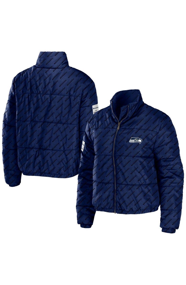 WEAR by Erin Andrews Women's WEAR by Erin Andrews College Navy Seattle Seahawks Puffer Full-Zip Cropped Jacket, Main, color, Blue