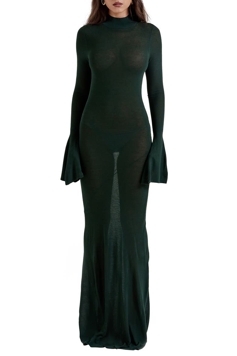Sancha Open Back Long Sleeve Semisheer Body-Con Maxi Dress, Main, color, EMERALD GREEN