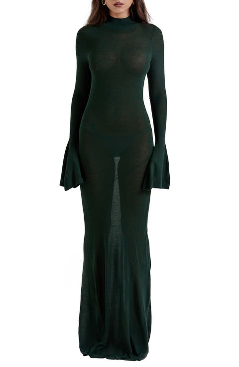Sancha Open Back Long Sleeve Semisheer Body-Con Maxi Dress