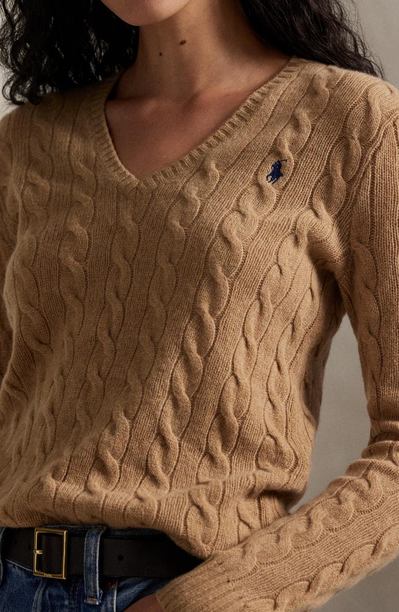 Polo Ralph Lauren Kimberly Cable Wool & Cashmere V-Neck Sweater, Alternate, color, Collection Camel Melange