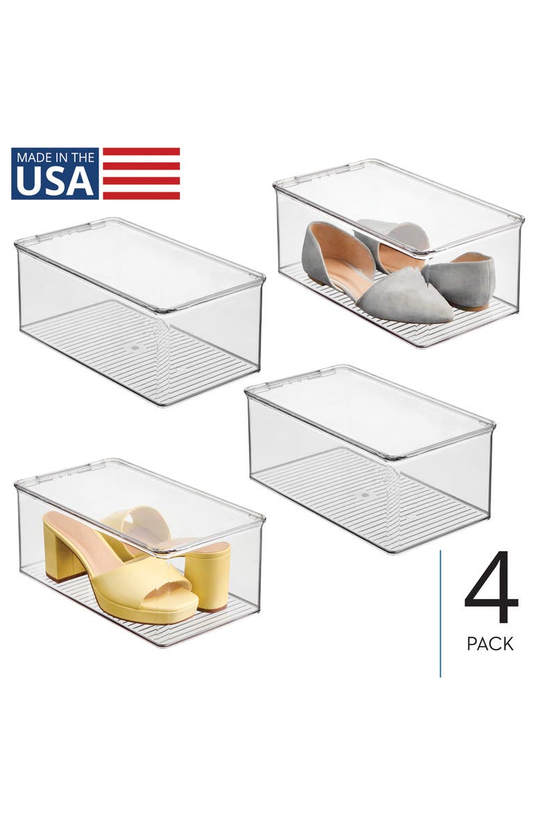 Stackable Shoe Box with Hinged Lid for Wedges, Sandals, or Flats, Set of 4, Clear, Alternate, color, Clear
