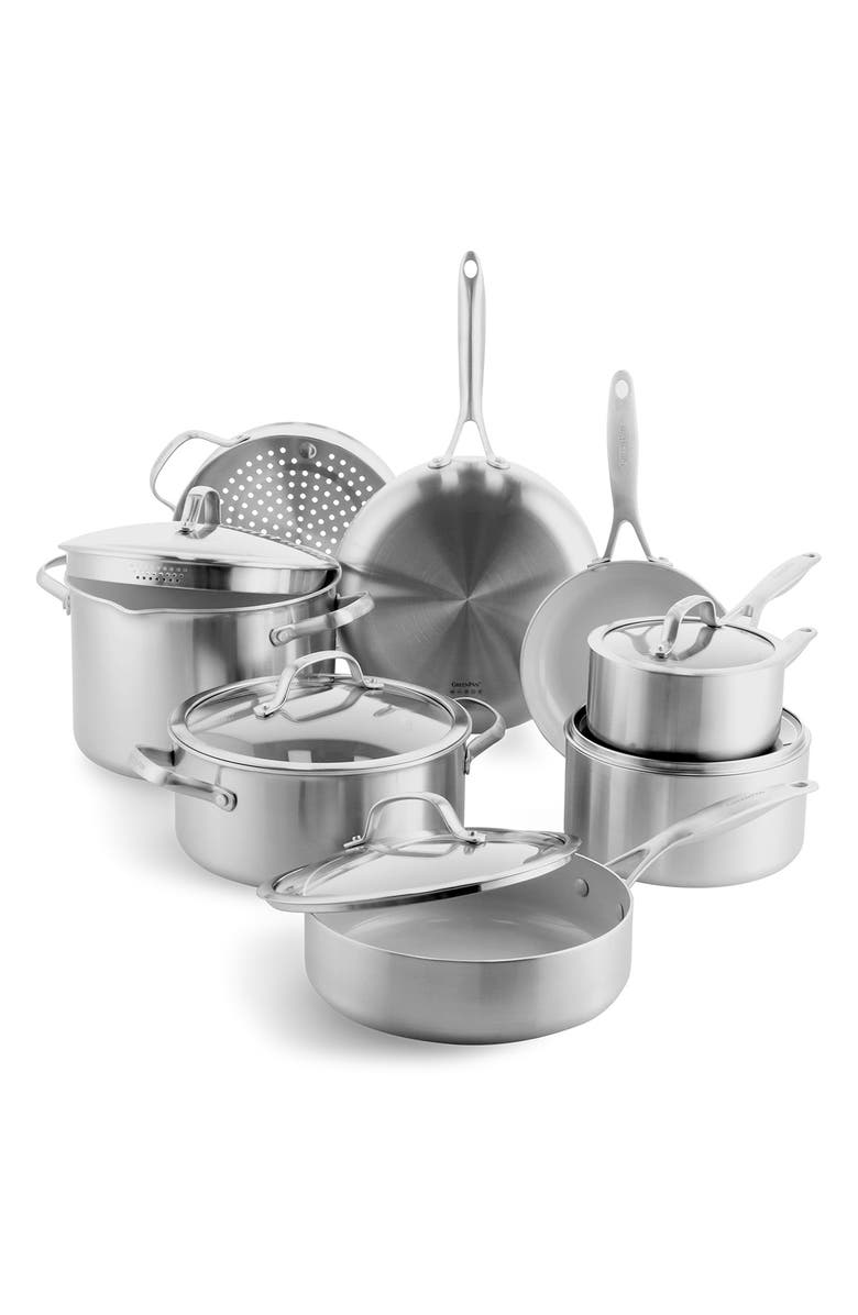 GreenPan Venice Pro Tri-Ply Stainless Steel Ceramic Nonstick 13-Piece Cookware Set, Main, color, 