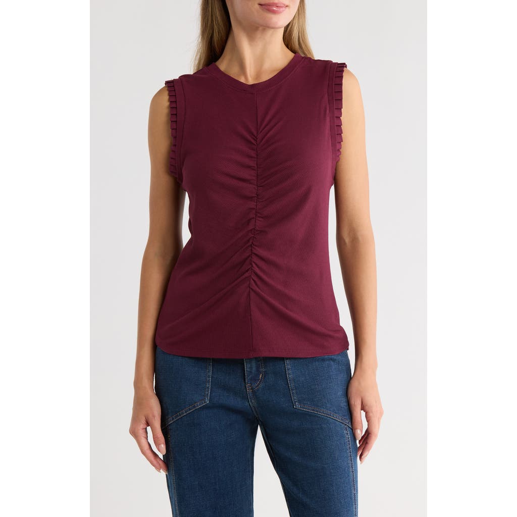 Democracy Ruched Rib Mixed Media Knit Top In Burgundy
