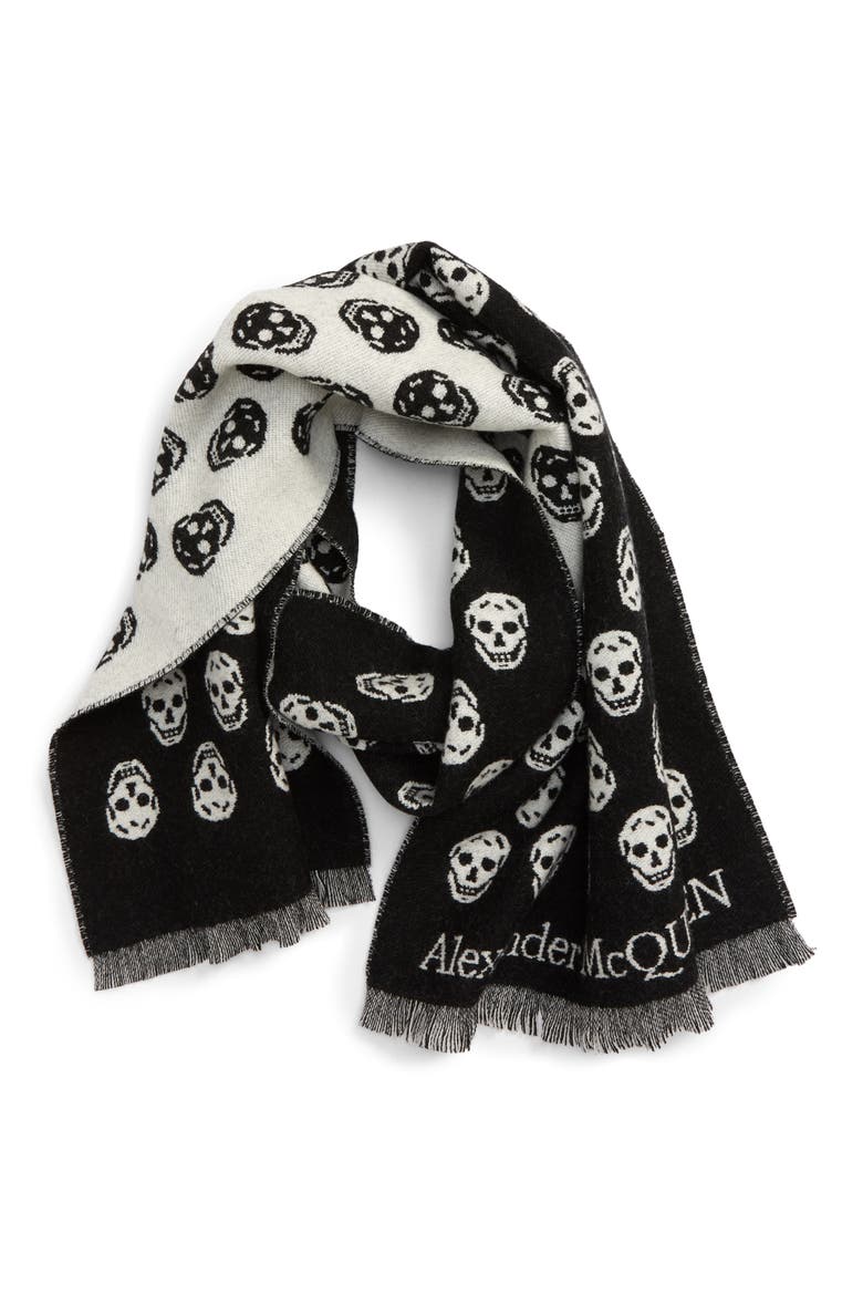 Alexander McQueen Skull Wool Scarf, Alternate, color, BLACK/ IVORY