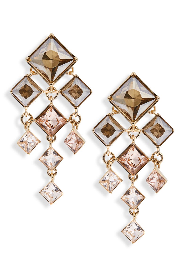 Square-Cut Rhinestone Chandelier Clip-On Earrings, Main, color, GOLDEN SHADOW