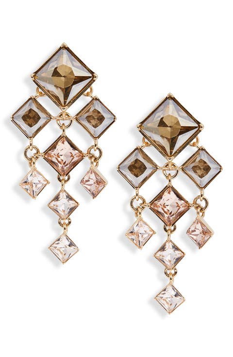 Square-Cut Rhinestone Chandelier Clip-On Earrings