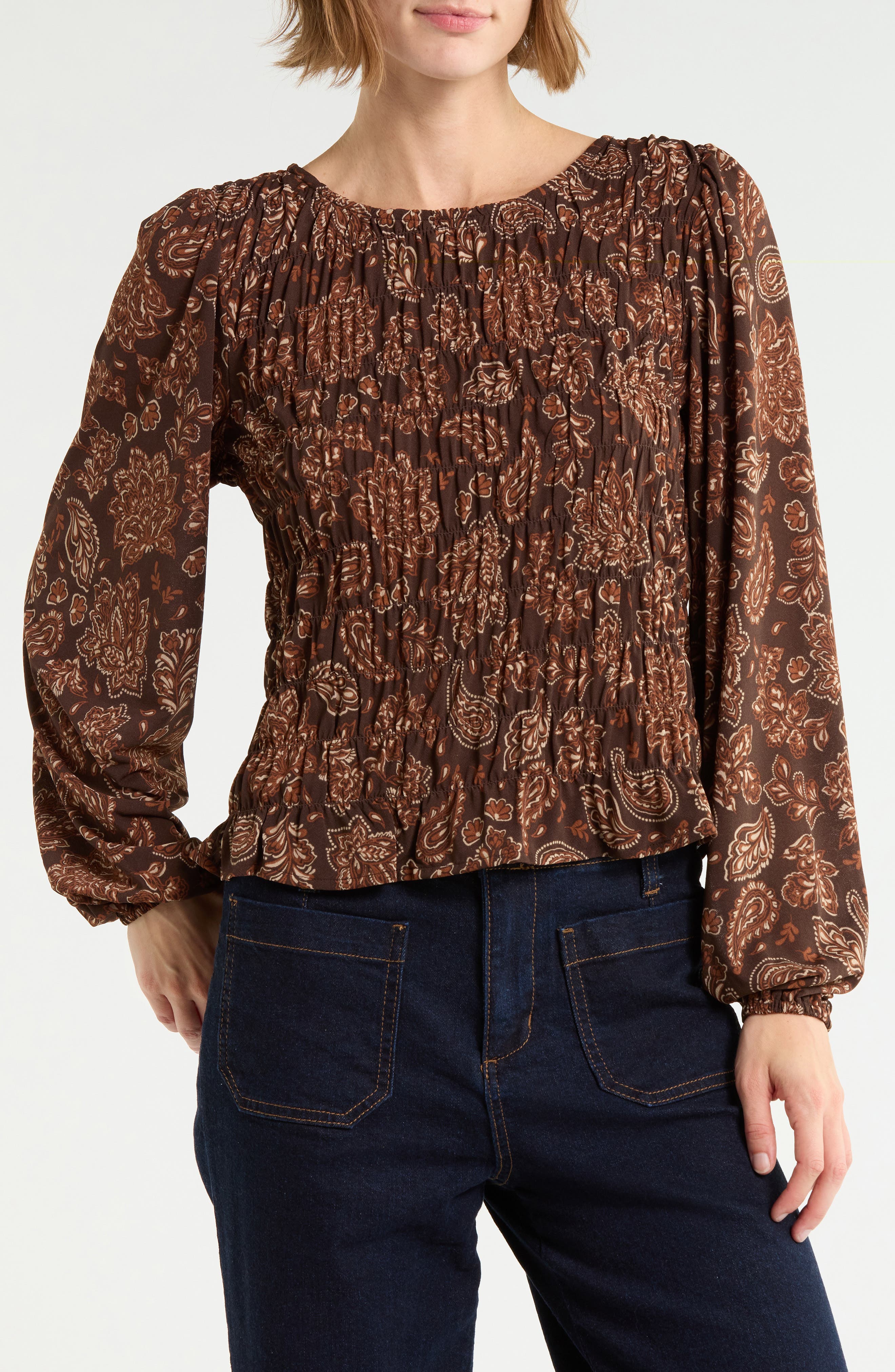 Smocked Long Sleeve Crop Top