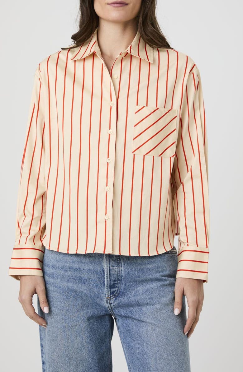 French Connection Boxy Stripe Button-Up Shirt, Main, color, Porcelain Cream/Brick Red Stri