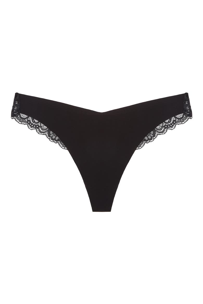 Estelle Lace Trim Stretch Cotton Thong, Alternate, color, BLACK