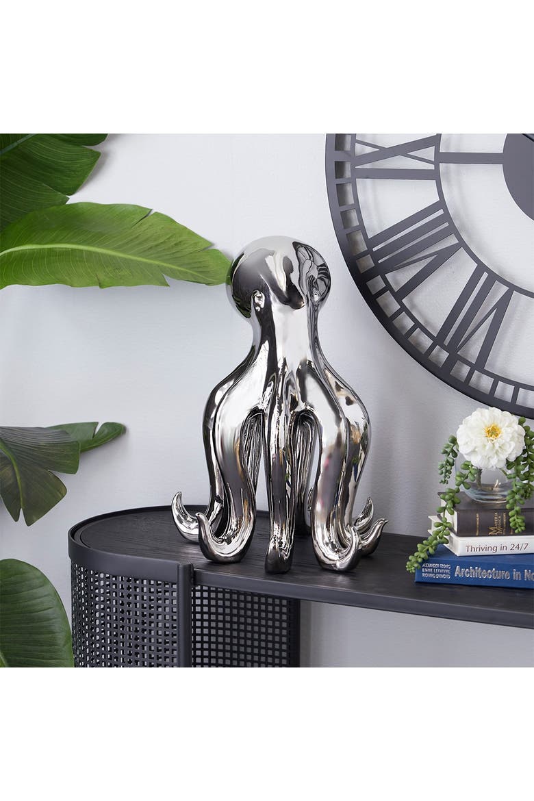 Silvertone Porcelain Tall Octopus Sculpture with Long Tentacles, Alternate, color, SILVER