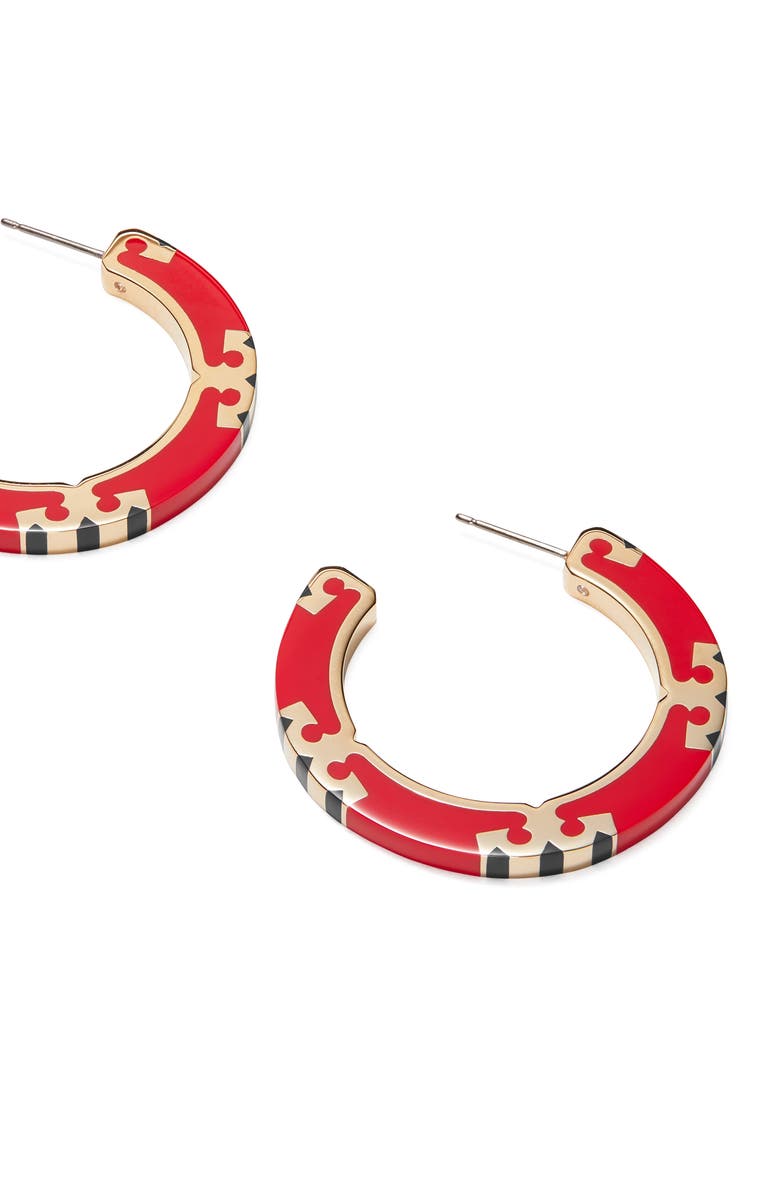 Tory Burch T-Stripe Hoop Earrings, Alternate, color, Tory Gold / Red / Navy