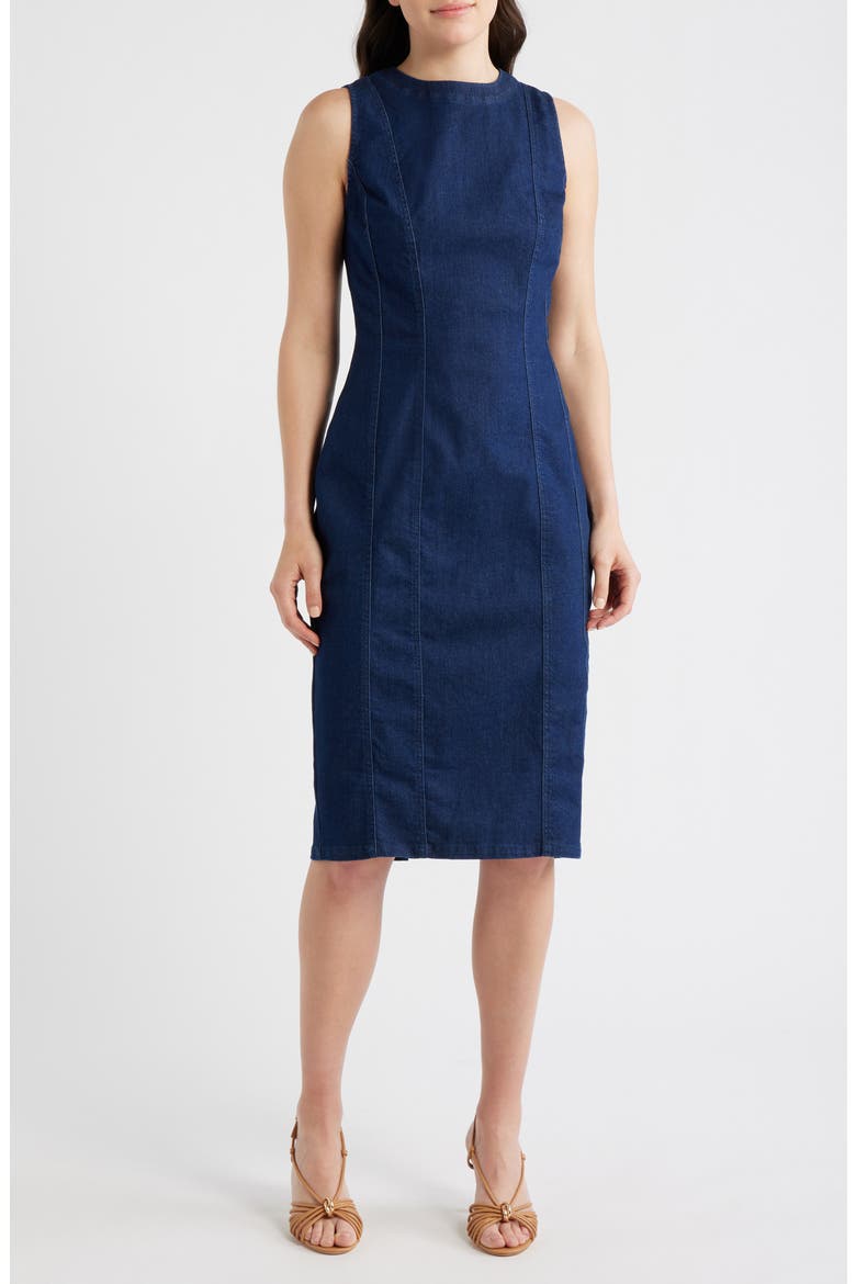 Sleeveless Stretch Denim Sheath Dress, Main, color, DARK WASH