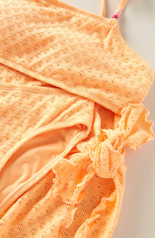 Treasure & Bond Kids' Pointelle Two-piece Swimsuit & Cover-up Sarong Set In Coral Beads
