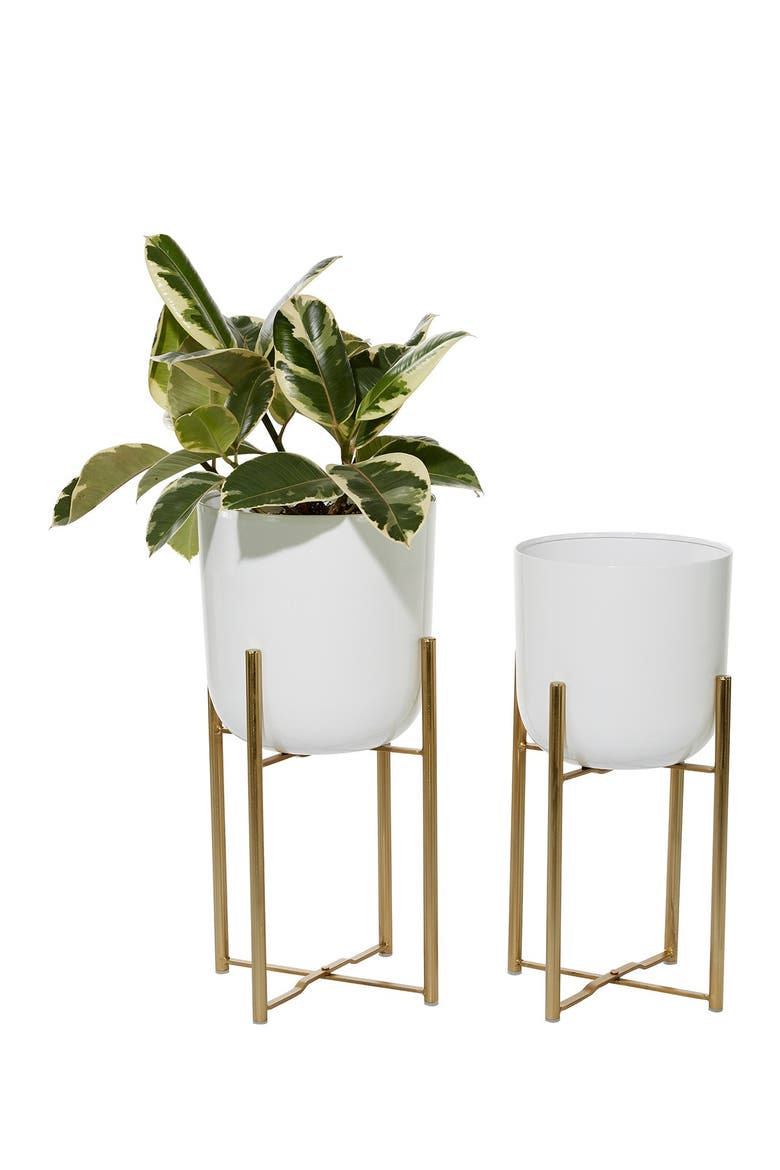 Contemporary White & Gold Floor Planters - Set of 2, Alternate, color, WHITE