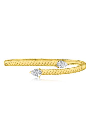 Cz By Kenneth Jay Lane Pear Cut Cubic Zirconia Textured Bypass Bracelet In Clear Gold
