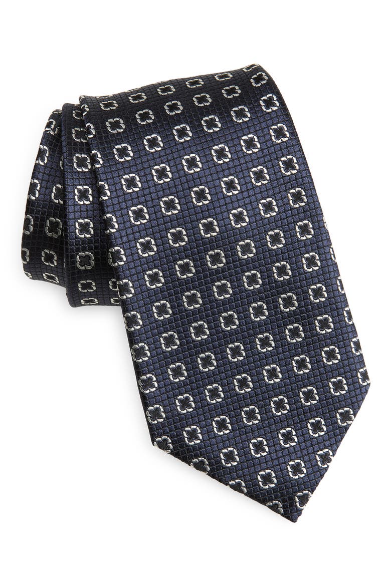 Geometric Silk Tie, Main, color, NAVY FAN