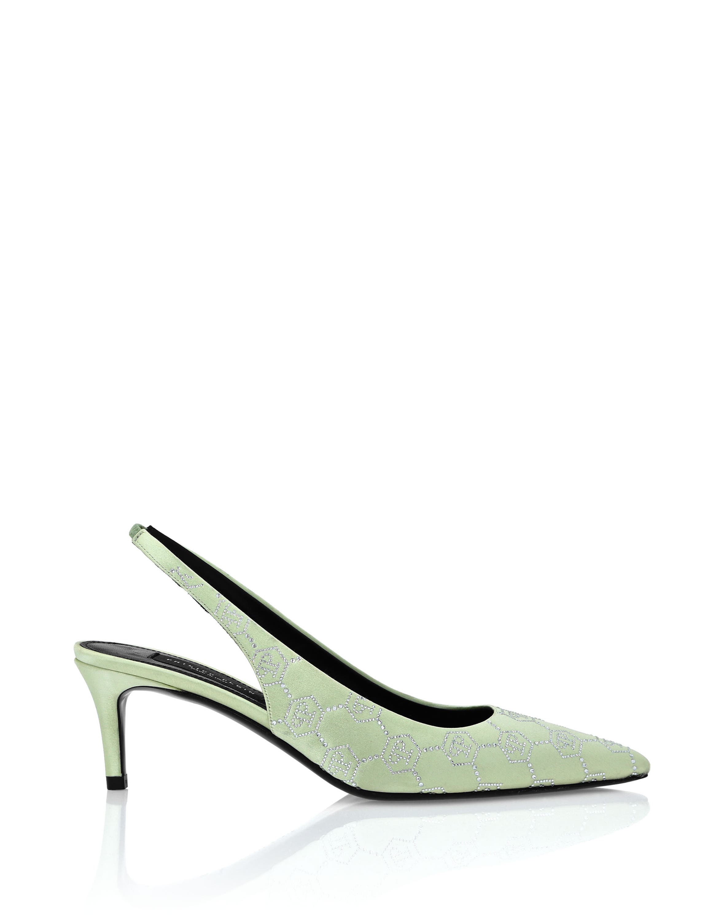 Satin Slingback Shoes Low Heels Monogram Strass Women, Alternate, color, green