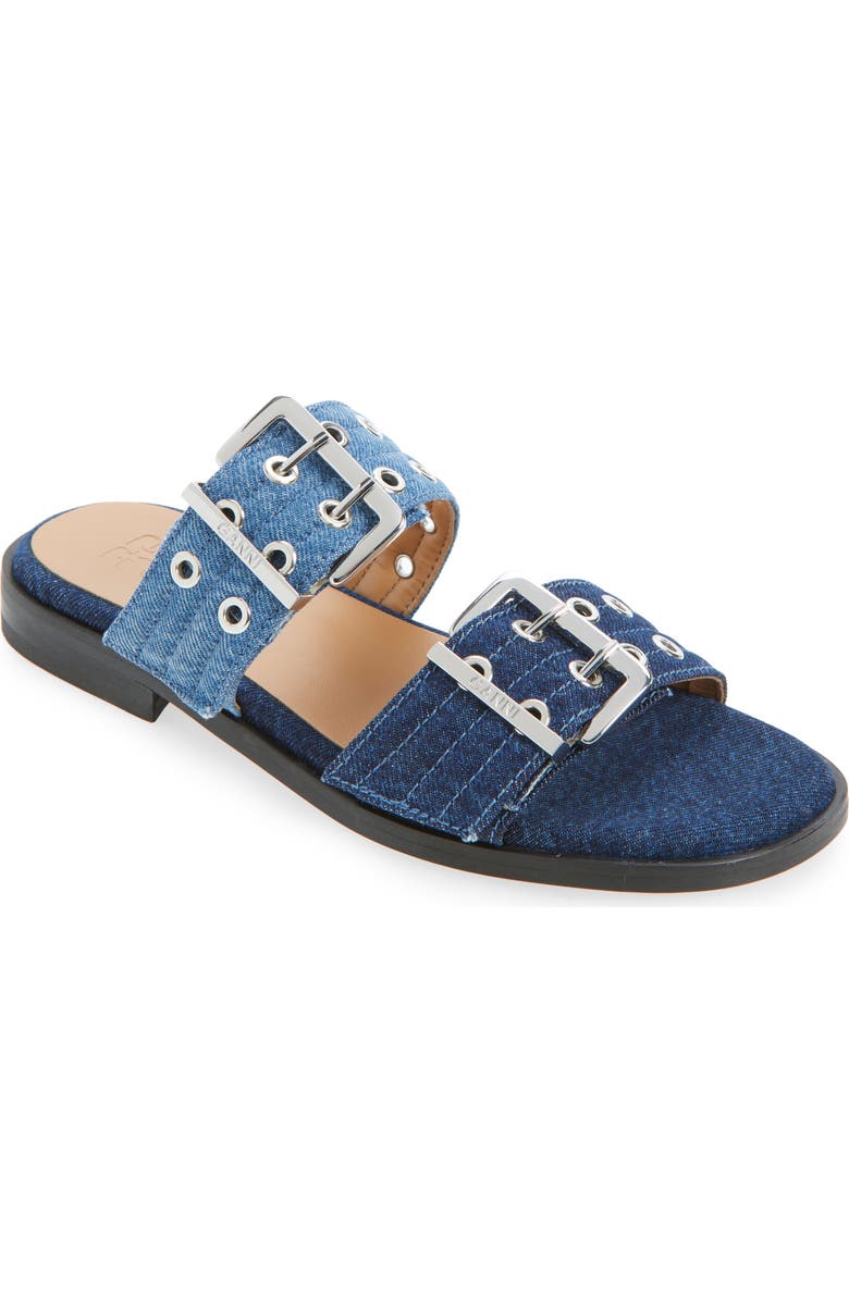 Ganni Feminine Buckle Strap Denim Slide Sandal, Main, color, Mid Blue Vintage