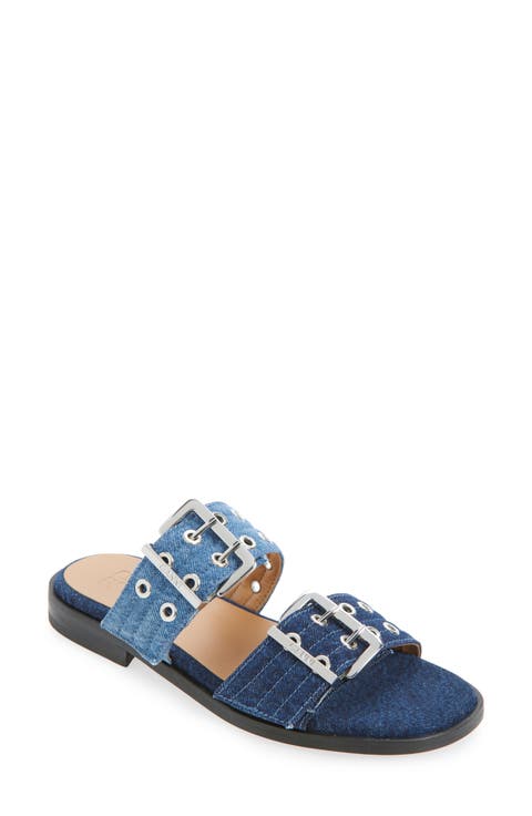 Feminine Buckle Strap Denim Slide Sandal (Women)