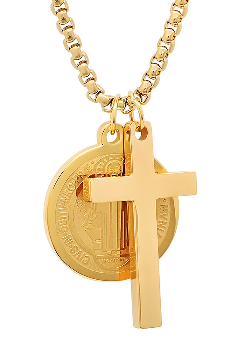 Men's 18K Gold Plated Stainless Steel Cross & Saint Pendant Necklace, Alternate, color, GOLD