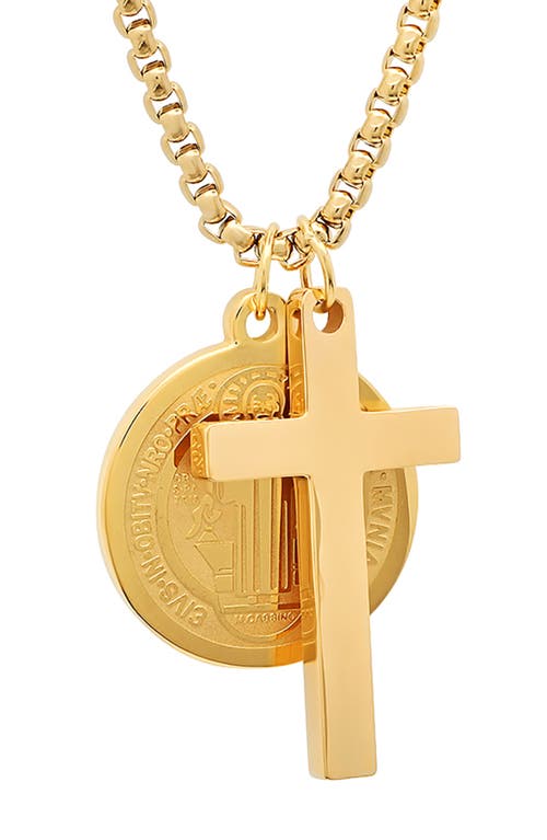 Hmy Jewelry 18k Gold Plated Stainless Steel Cross & Saint Pendant Necklace In Gold
