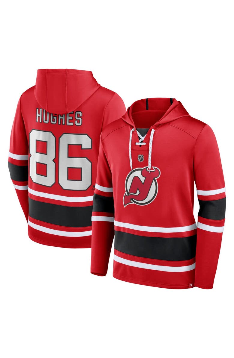 FANATICS Men's Fanatics Branded Jack Hughes Red New Jersey Devils Name & Number Lace-Up Pullover Hoodie, Alternate, color, 