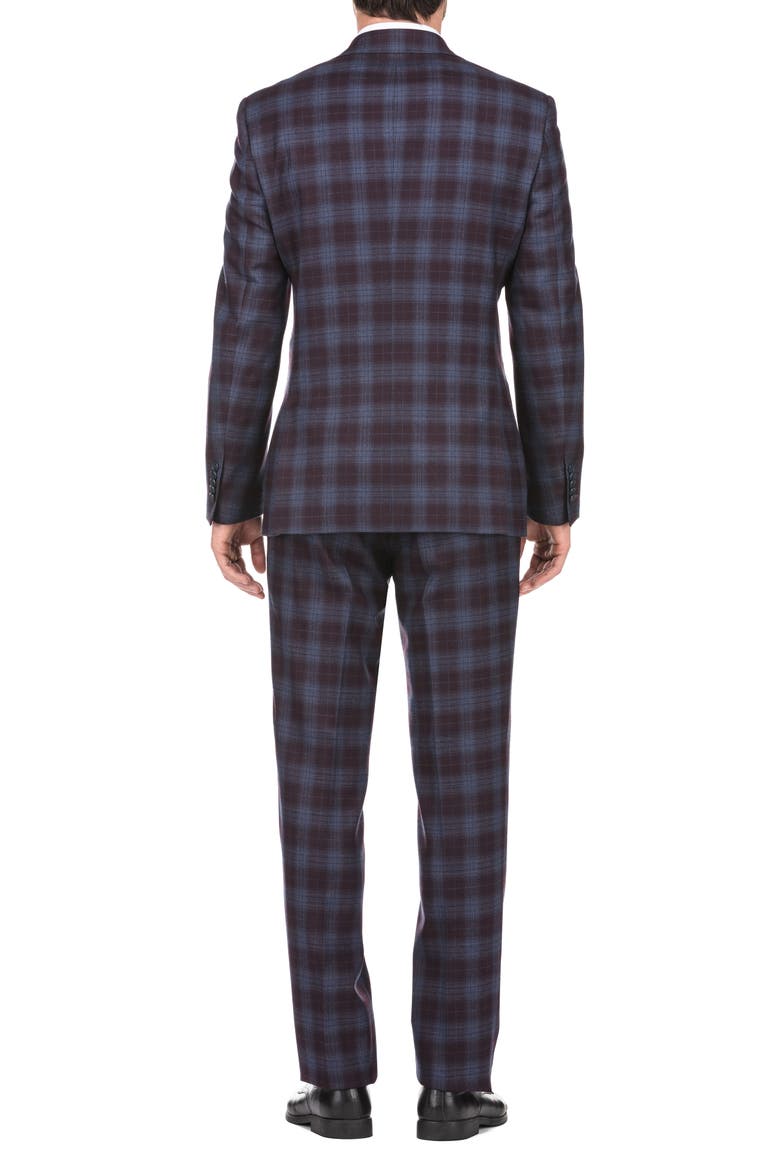 Plaid Two Button Notch Lapel Wool Blend Trim Fit Suit, Alternate, color, BURGUNDY