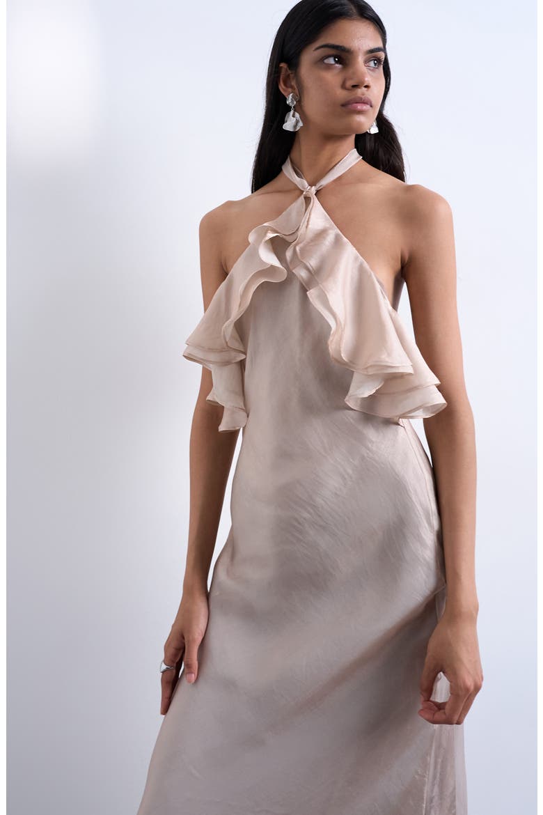 Ruffle Satin Halter Maxi Dress, Alternate, color, IRIDESCENT MINK