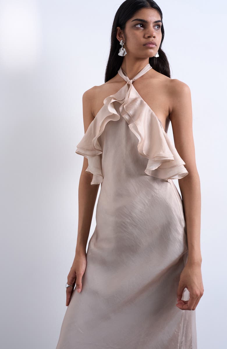 Topshop Ruffle Satin Halter Maxi Dress, Alternate, color,