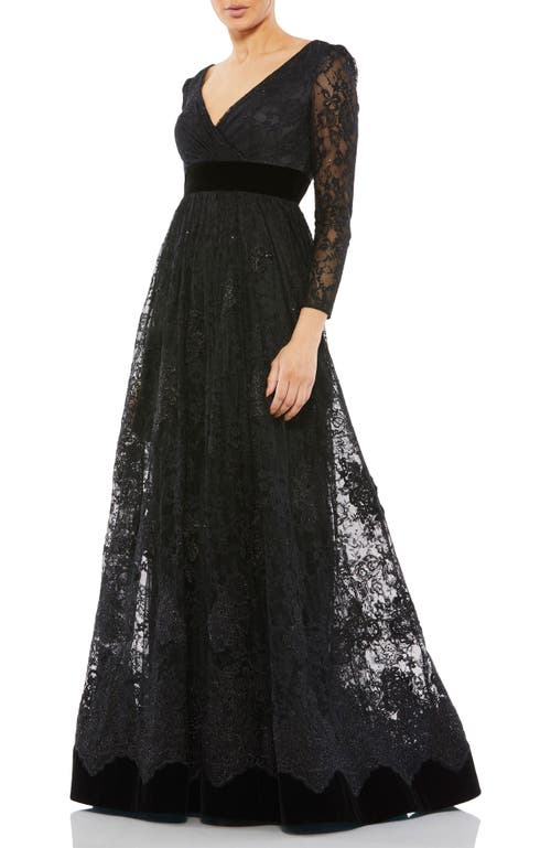 Mac Duggal Lace Long Sleeve Wrap Over Velvet Waistband A Line in Black at Nordstrom, Size 14