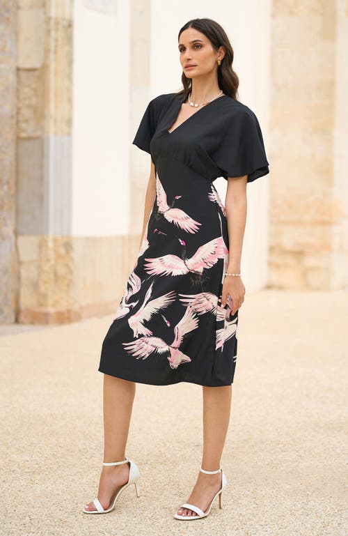 Yumi Crane Print Kimono Dress In Black