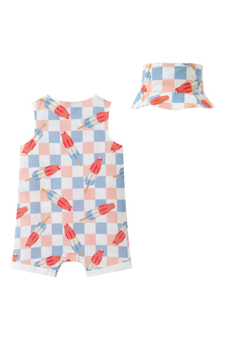 Print Sleeveless Romper & Bucket Hat Set, Alternate, color, WHITE