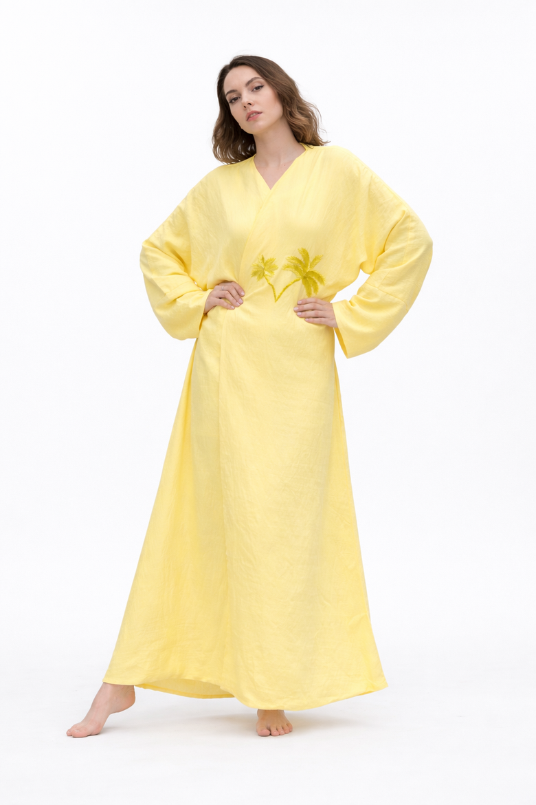 Palm Embroidered Silk Kaftan, Main, color, Yellow