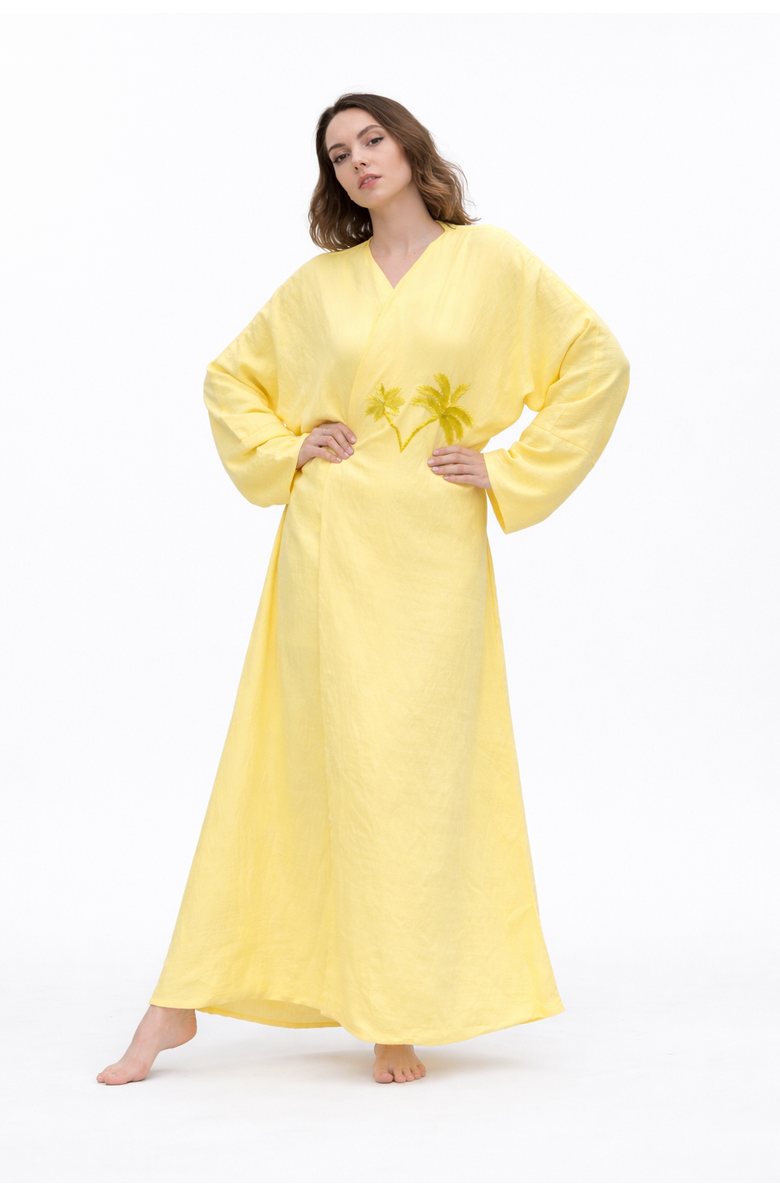 Le Fafo Palm Embroidered Silk Kaftan, Main, color, Yellow