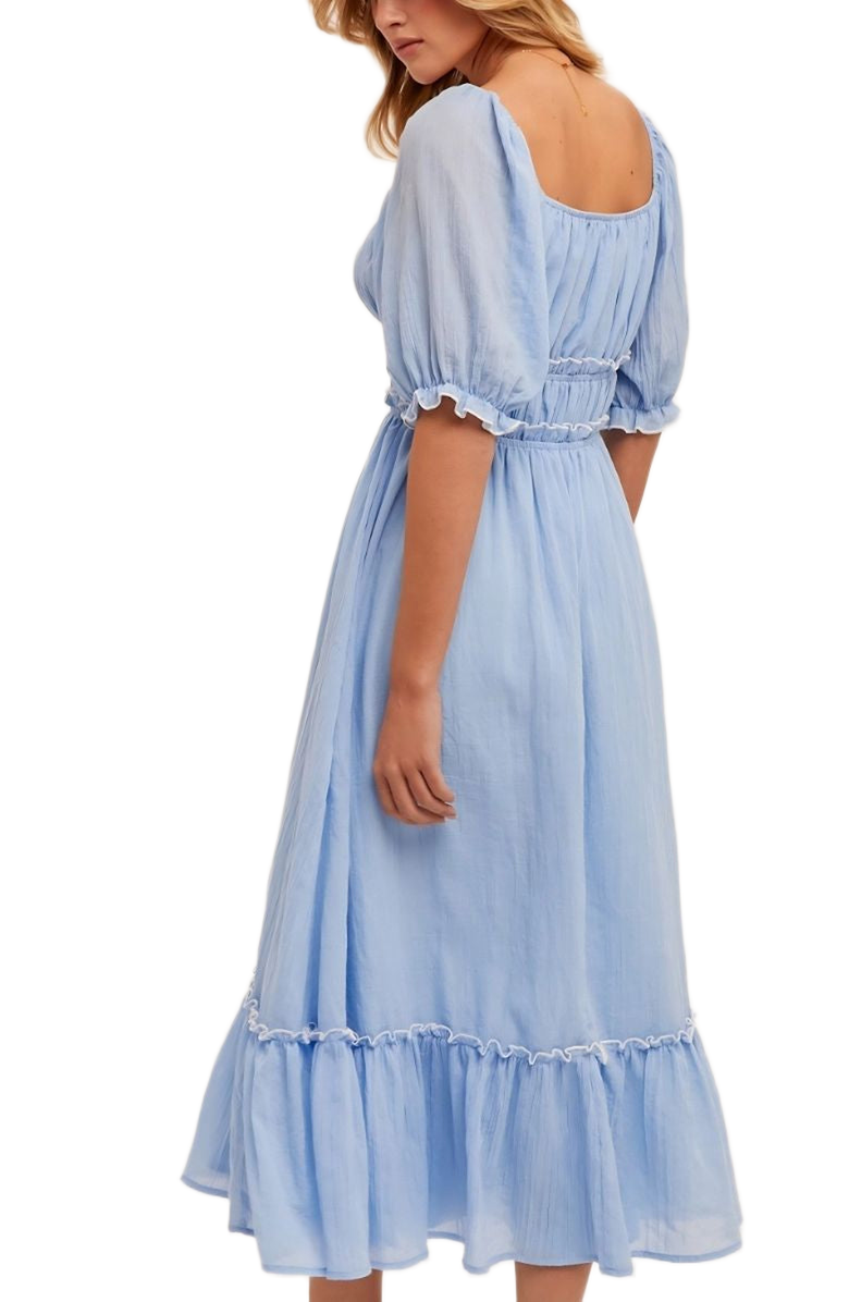 Knit and Lounge Puff Sleeve Square Neck Midi Dress with Tiered Skirt and Ruffle Trim, Alternate, color, 