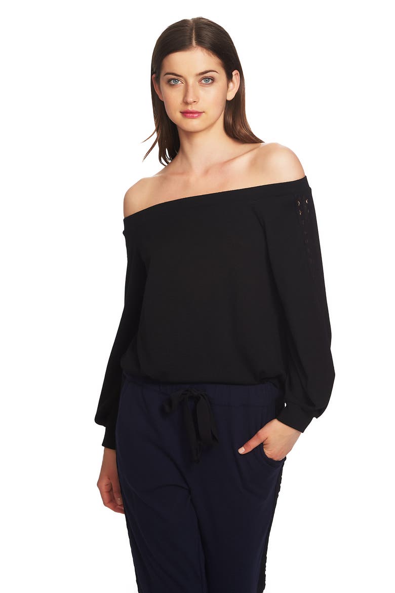 Lace Detail Off the Shoulder Top, Alternate, color, RICH BLACK