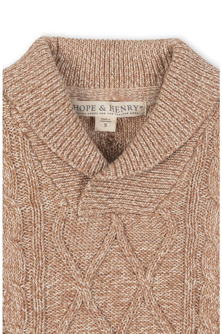 Kids' Organic Long Sleeve Shawl Collar Cable Sweater, Alternate, color, Camel Heather