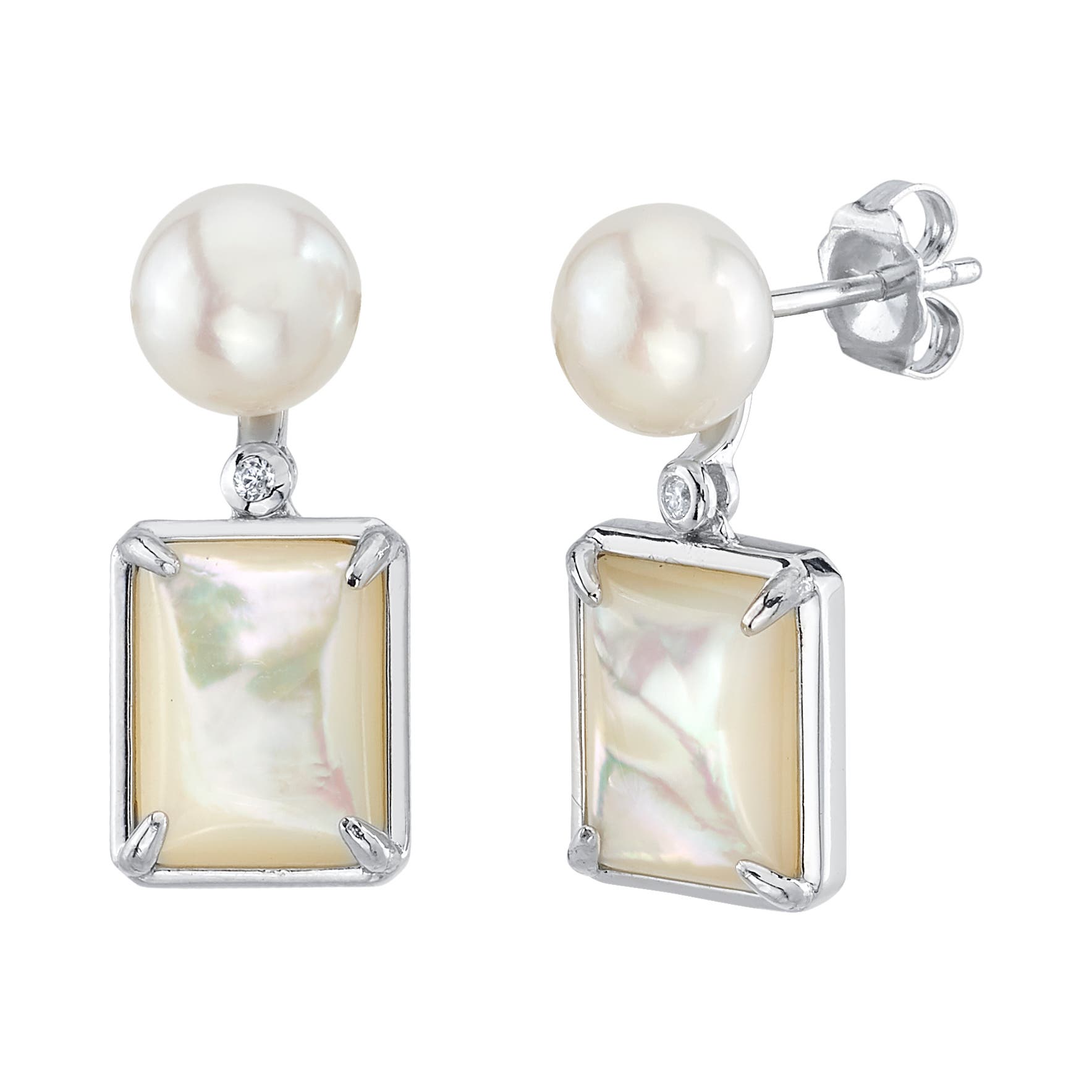 The Pearl Source White Freshwater Pearl & Mother Of Pearl Aubrey Earrings In Sterling Silver