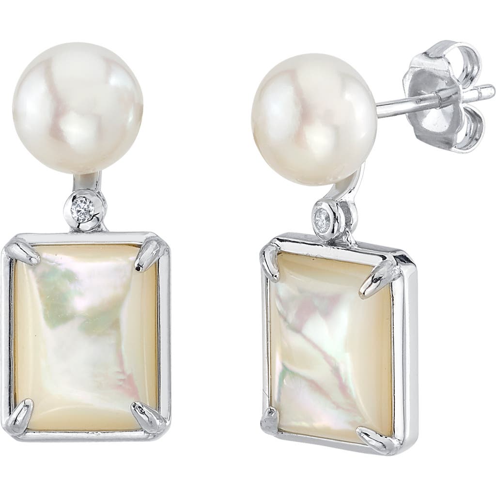 The Pearl Source White Freshwater Pearl & Mother Of Pearl Aubrey Earrings In Sterling Silver