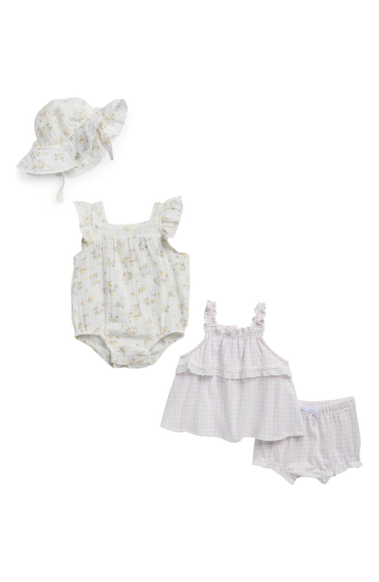 Nicole Miller Kids' 4-Piece Bodysuit, Top, Bloomers & Hat Set, Main, color, Egret