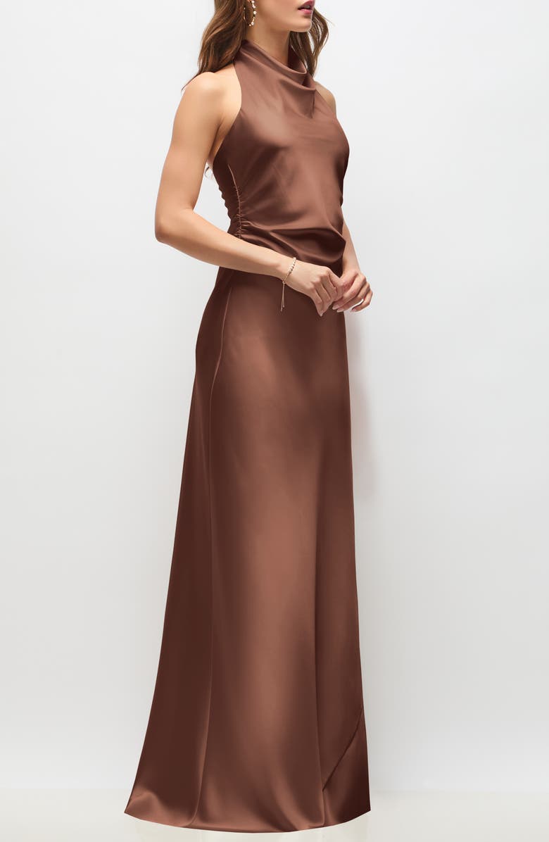 After Six Leona Bias Cut Charmeuse Halter Gown, Alternate, color, Cognac