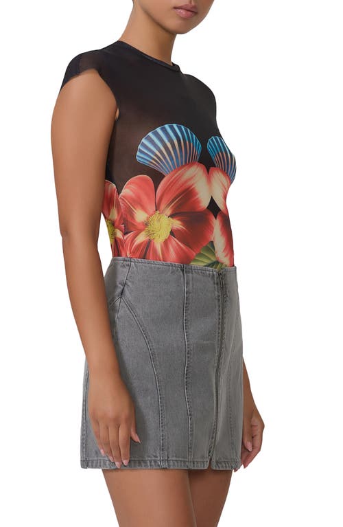 Afrm Nina Print Cap Sleeve Mesh Top In Hibiscus Shell